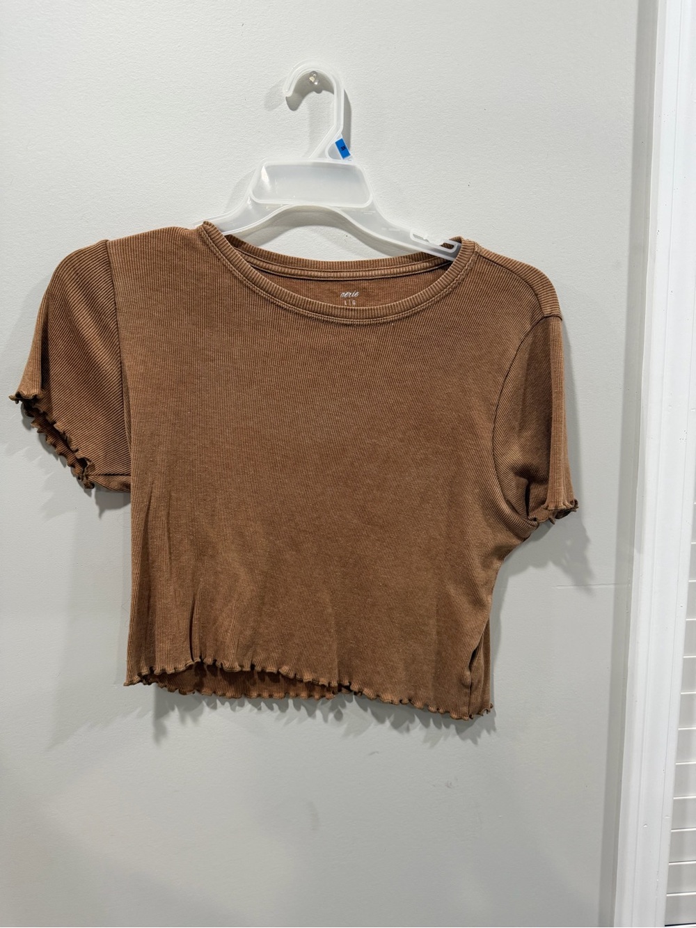 aerie Brown Ribbed Lettuce-Edge Crop Top